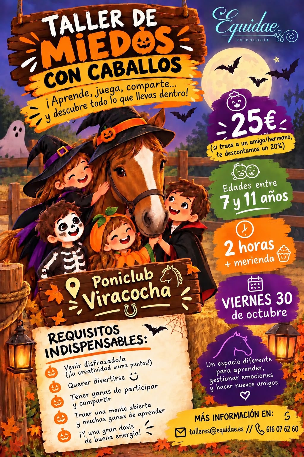 Cartel del «Taller de miedos con caballos» de Equidae en el Poniclub Viracocha, viernes 30 de octubre, para niños de 7 a 11 años