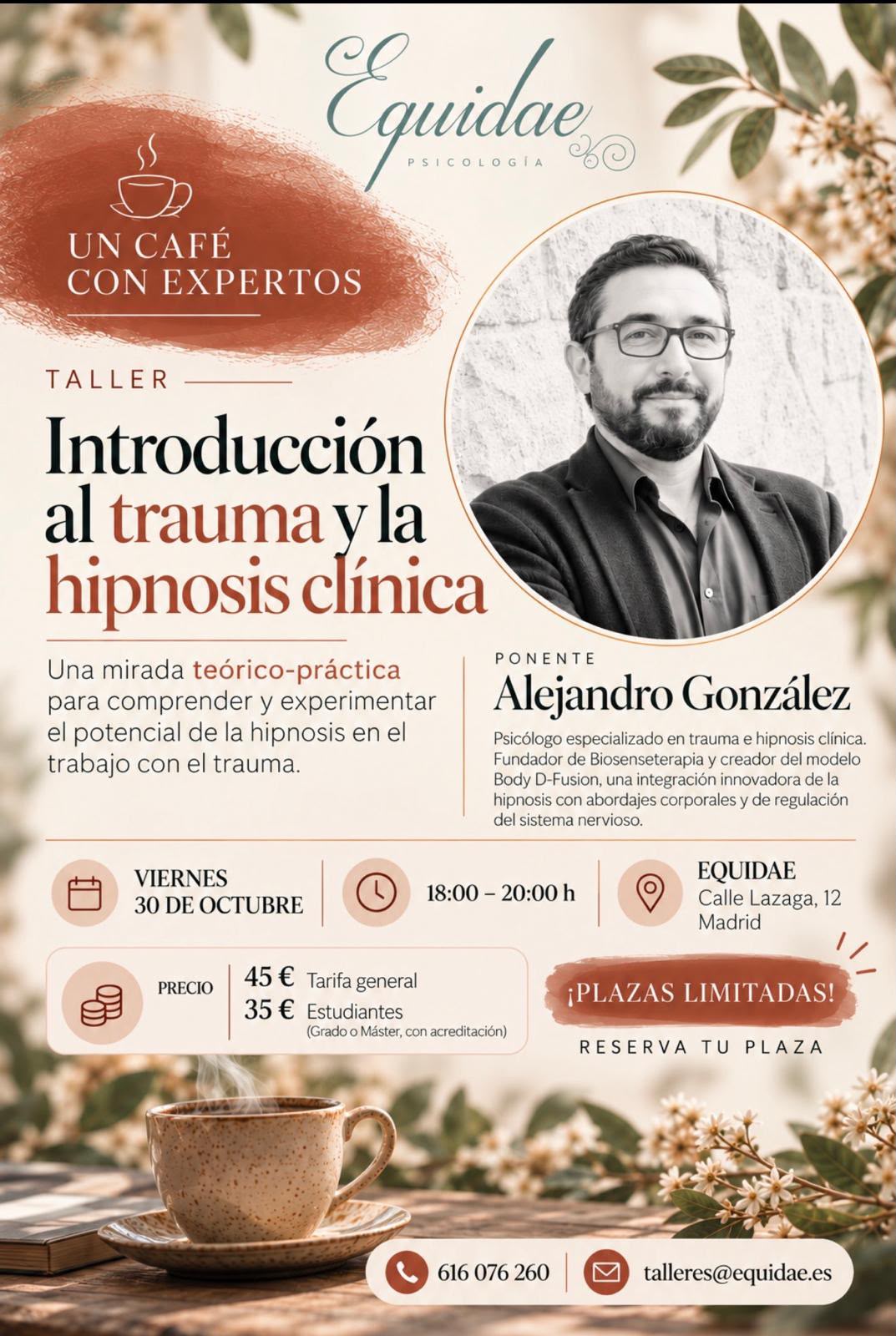 Cartel del taller «Introducción al trauma y la hipnosis clínica» con Alejandro González en Equidae, viernes 30 de octubre de 18:00 a 20:00 h